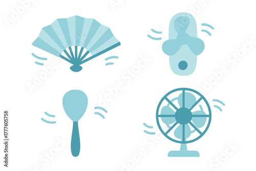 Collection of various cooling fans and air movement appliances for summer heat relief