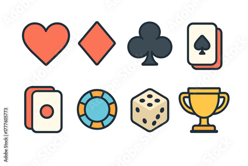 Casino and gaming symbols set with playing card suits poker chip dice and trophy