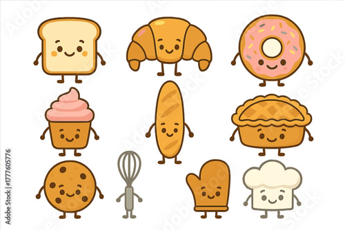 Adorable cartoon characters featuring bread, pastries, desserts, and baking accessories