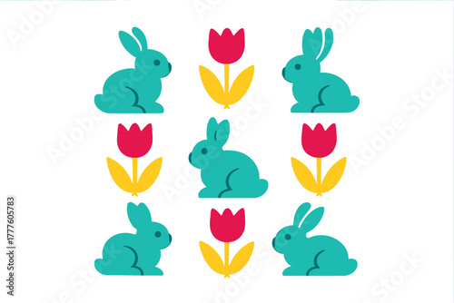 Stylized teal rabbits and bright red yellow tulips arranged in a seamless repeating grid design for spring holidays