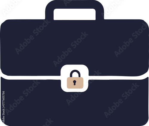Flat design of a closed navy briefcase with a locked gold clasp on a white background.