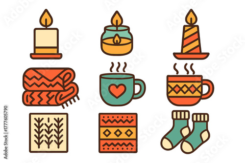 Cozy autumn and winter comfort elements: candles, warm mugs, knitted blankets, and socks