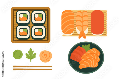 Traditional Japanese sushi set including maki rolls, nigiri, sashimi, and condiments