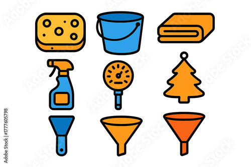 Colorful collection of household cleaning supplies, maintenance tools, and utility equipment