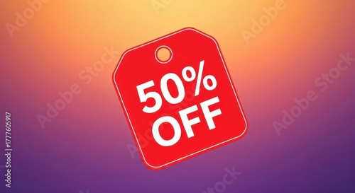Discount tag with 50% off on vibrant gradient background  