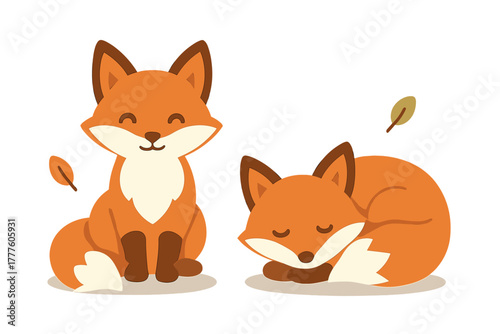 Cute cartoon foxes sitting and sleeping with autumn leaves on a white background