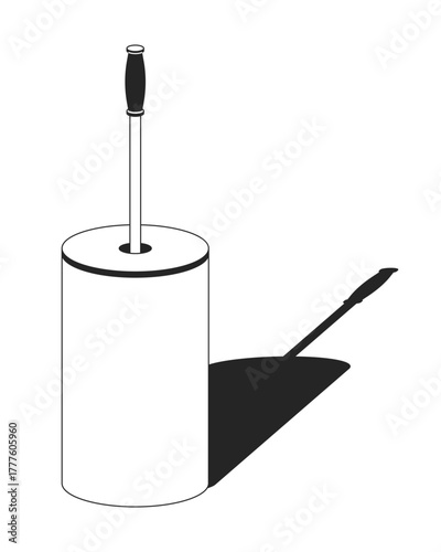 Plastic toilet brush with cylindrical holder 2D line object. Cleaning utility, sanitation accessory, bathroom. Hygiene tool isolated clipart vector ink outline item. Monochrome spot illustration