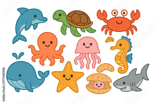 Cute cartoon collection of diverse marine animals including dolphin whale shark and octopus
