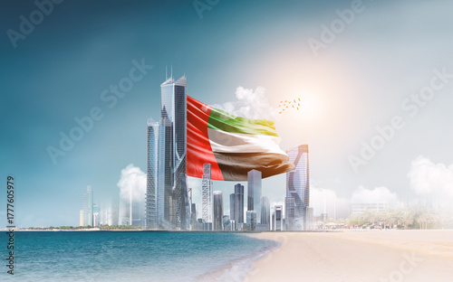 United Arab Emirates flag waving behind modern skyline. UAE national flag for independence day.