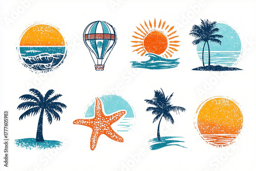 Vector logo design with beach icons sun waves starfish and palm tree