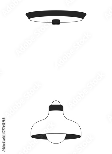 Hanging retro pendant light with lampshade 2D line object. Ceiling fixture suspended by thin cord with lamp bulb. Home lighting isolated clipart vector ink outline item. Monochrome spot illustration