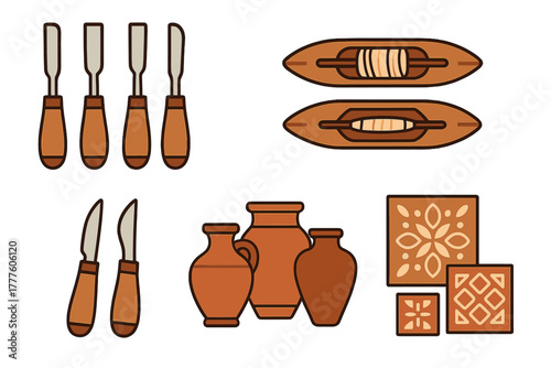 Traditional craft objects set with wood carving tools, weaving equipment, and ceramic pottery