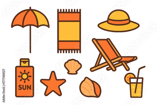Essential summer vacation and beach holiday objects including umbrella chair and sunscreen