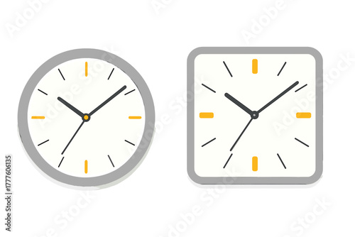 Modern round and square analog clocks displaying current time for scheduling and deadlines