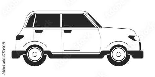 Sedan car side view doodle linear object. Automobile rental. Urban vehicle. City driving. Auto transport 2D vector outline clip art drawing isolated on white. Hand drawn sketch illustration