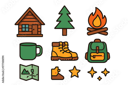 Outdoor adventure and camping essentials set with cabin, campfire, backpack, and hiking boots