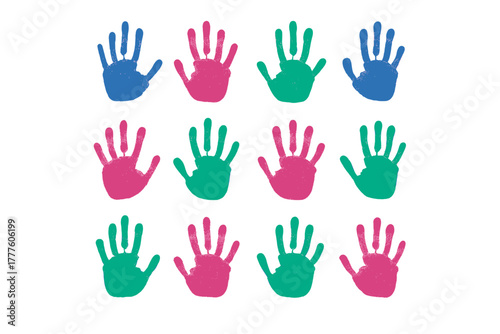 Vibrant array of handprints in repeating rows of blue, magenta, and teal colors on a clean white backdrop