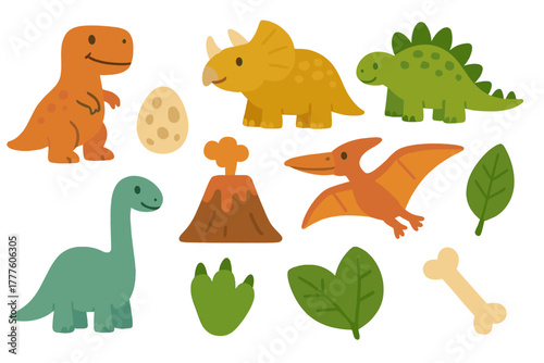 Set of cute prehistoric dinosaur characters including T-Rex Triceratops and Brontosaurus with volcano egg and jungle leaves