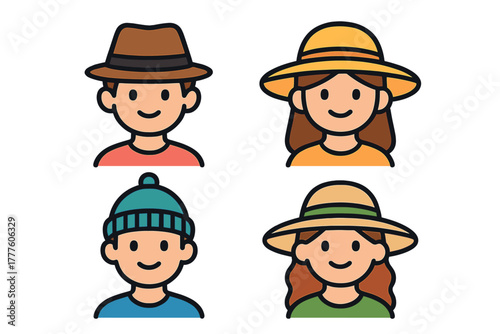 Set of four diverse profile avatars featuring people wearing seasonal hats and headwear