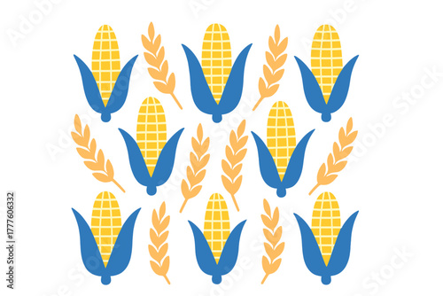 Stylized pattern of ripe yellow corn cobs and golden wheat ears arranged symmetrically on a white background