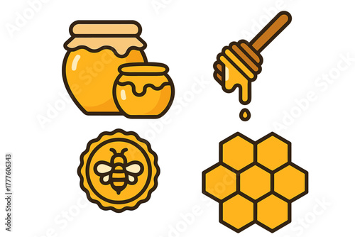 Sweet honey elements set featuring a bee, honeycomb, jar, and wooden dipper