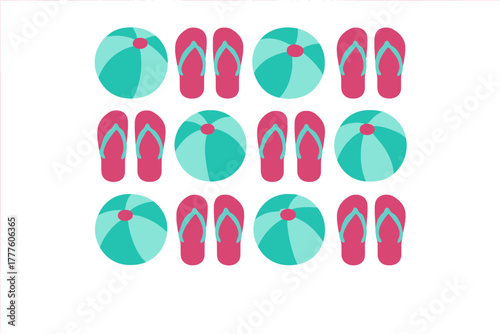 Repeating pattern featuring colorful beach balls and pink flip-flops for summer design