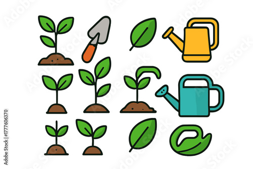 Colorful gardening tools and young plants set with trowel, leaves, and watering cans
