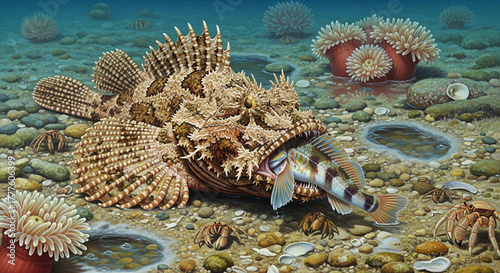 Detailed Painting of a Scorpionfish Catching Prey on the Seabed
A highly detailed and realistic illustration depicting a camouflage-colored scorpionfish