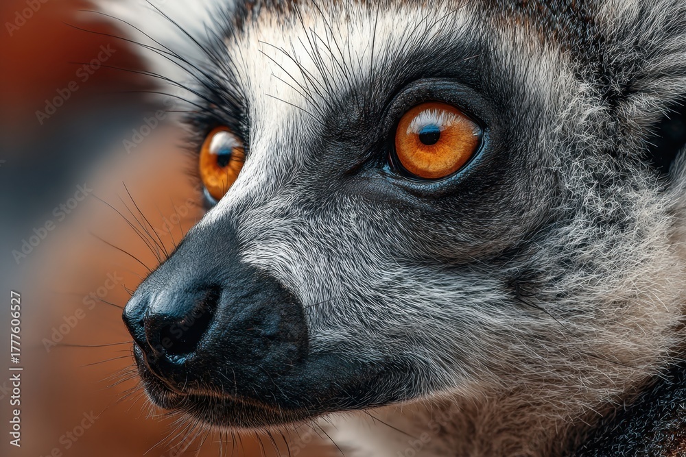 Obraz premium Ring tailed lemur close up reveals striking amber eyes and patterned fur details, showcasing wildlife beauty