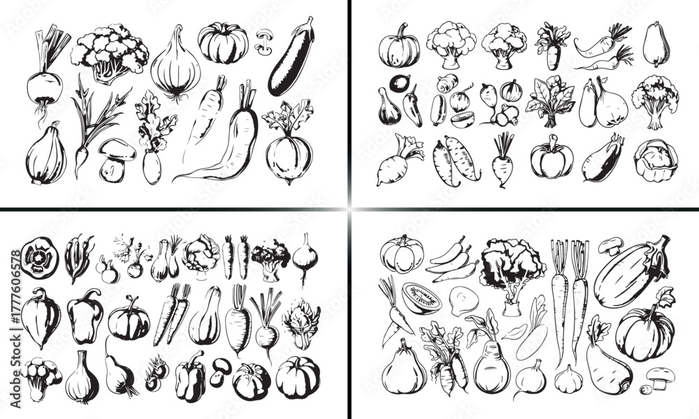 Naklejka premium vegetables doodle illustration, fresh veggies vector, hand drawn fruits sketch, organic food design, healthy vegetables art, garden harvest illustration, nutrition food vector, natural farming doodle,