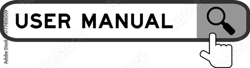 Search banner in word user manual with hand over magnifier icon on white background