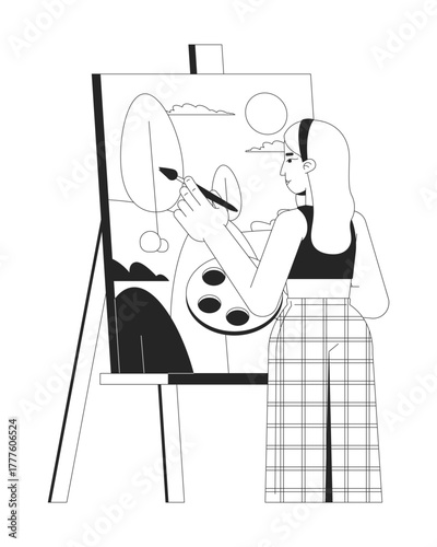 Young blonde woman artist painting nature on easel 2D line character. Art hobby. Caucasian female painter with artistic talent isolated vector ink outline person. Monochromatic spot illustration