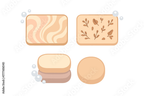 Organic soap bars assortment with botanical elements and swirling patterns