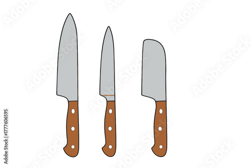 Set of essential kitchen knives including chef's knife utility knife and cleaver blade with wooden handles
