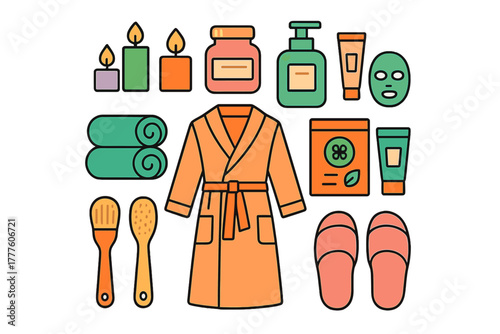 Collection of spa and wellness accessories including bathrobe, towels, candles, and beauty products
