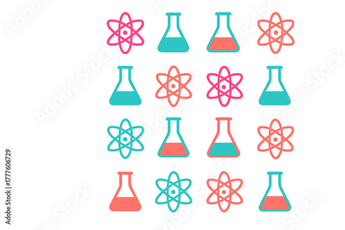 Seamless repeating design featuring atomic symbols and chemical laboratory flasks