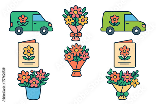 Colorful icons set for flower shop delivery service, including bouquets, greeting cards, and transport vans