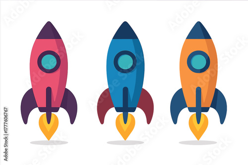 Set of three stylized rockets taking off for space travel in pink blue and orange
