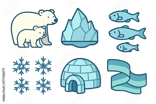 Cute Arctic animals and winter elements set with polar bears, iceberg, igloo, and snowflakes