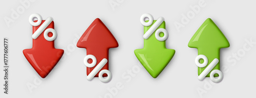3D percent icons with red and green arrows symbolizing price growth and fall. Modern vector concept for business, finance, sale, and economy illustration, up and down financial rate design