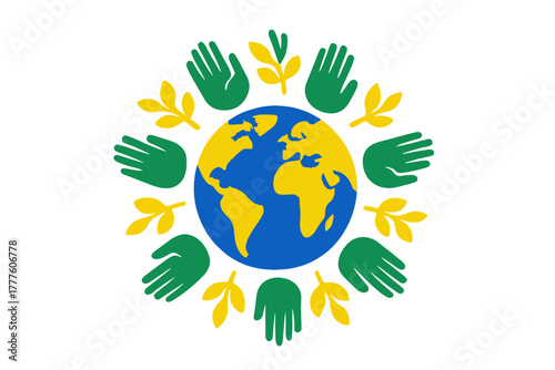 Hands and green leaves surrounding planet Earth symbolizing global environment protection