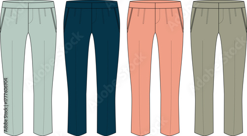 Fashionable Casual Trousers in Four Versatile Colors A Flat Design for a Modern Wardrobe