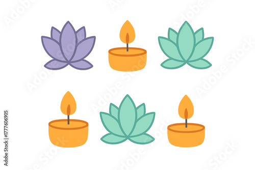 Stylized icons of burning tea light candles and colorful lotus flowers for meditation and spa