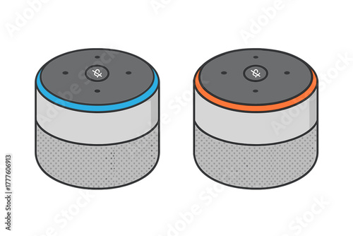 Two modern smart home voice assistant speakers with different colored indicator rings