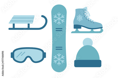 Collection of winter sports and cold weather accessories including a snowboard, ice skate, sled, goggles, and knit hat