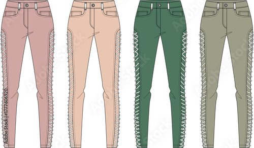 Stylish Women's Jeans Collection Featuring Pink, Beige, Green, and Khaki Colors with Decorative Lace Details