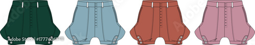 Four pairs of historical breeches in different colors deep green, light blue, terracotta, and rose pink