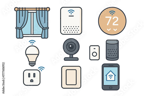 Modern smart home devices set including thermostat, security camera, light bulb, speaker, and mobile application icons