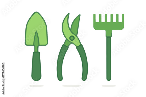 Essential green gardening tools set including hand trowel, pruning shears, and small rake