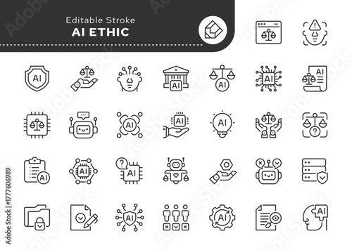 AI ethic line icon set. Artificial intelligence, ethical dilemma, data privacy, fairness, explainable AI, deepfake, bias detection and more. Outline icon in linear style. Vector collection.